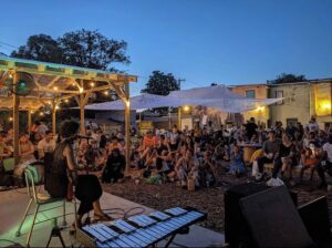 Dusk falls at Pentridge Station, community pop-up beer garden & event space partnered with Dahlak Paradise 