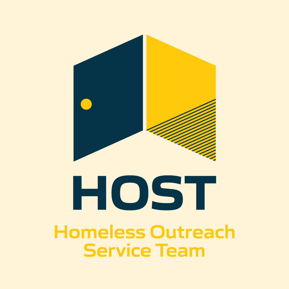 Logo for the Homeless Outreach Service Team (HOST), with an abstract open door design in dark blue and yellow, and the text "HOST" and "Homeless Outreach Service Team" below.