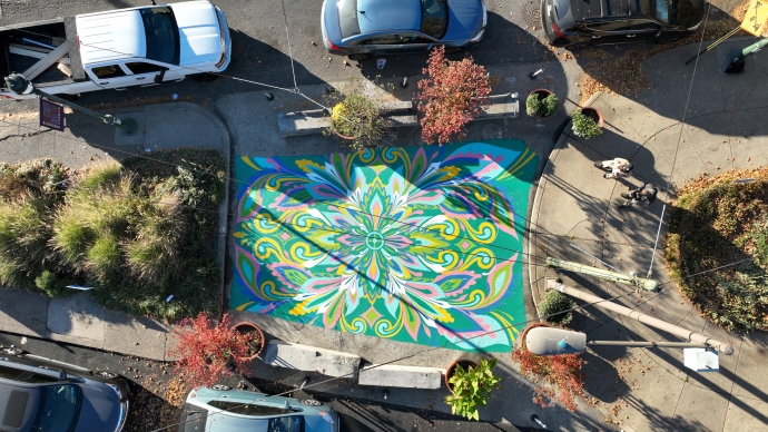 aerial image of ground mural by artist Lawren Alice at cedar park