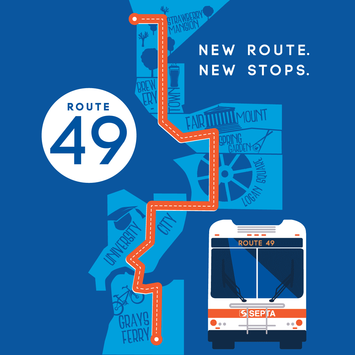 SEPTA Route 49 promotional graphic showing a new route map with key neighborhoods and a bus illustration.