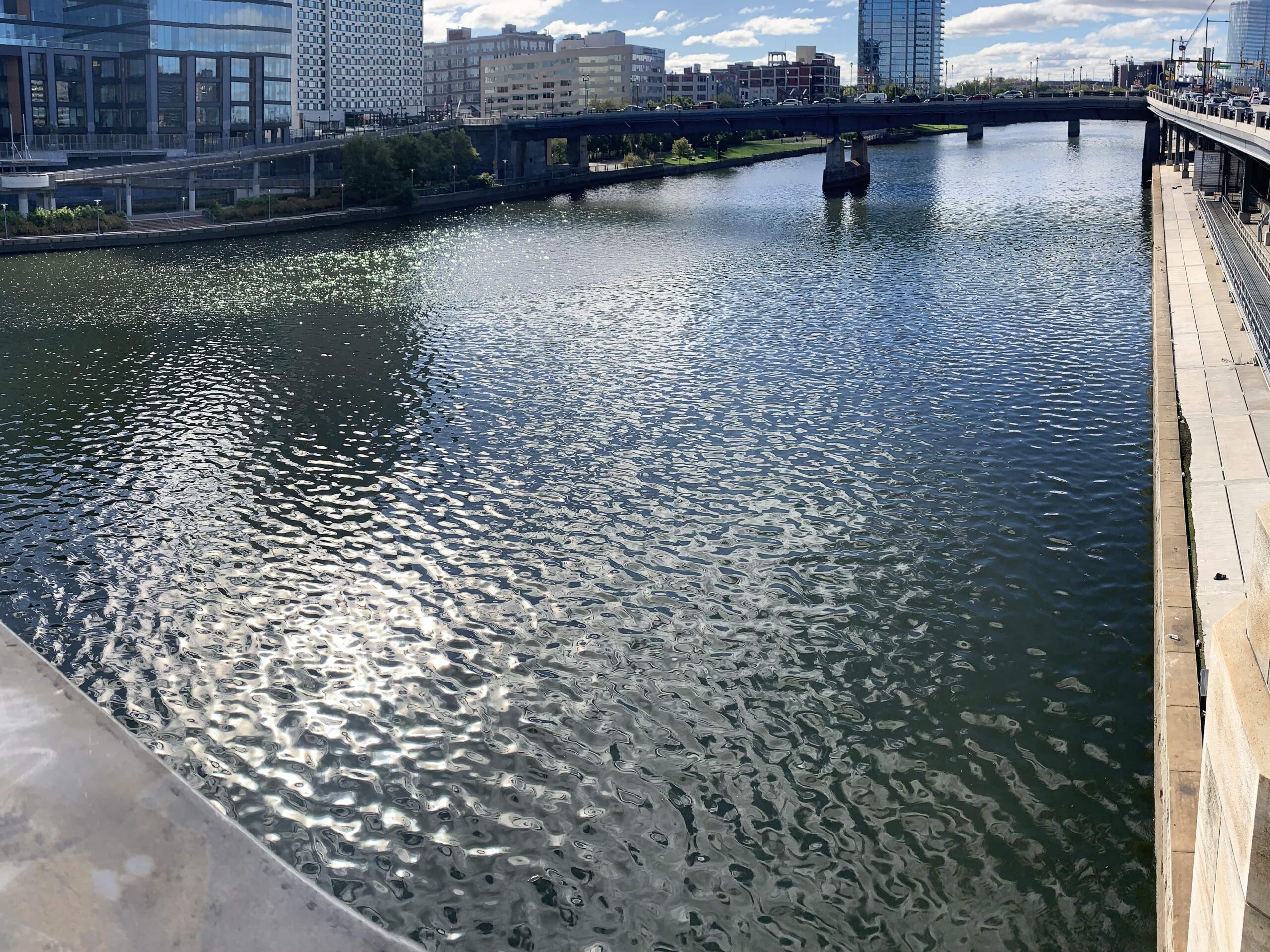 A view of the river at the West Philly Waterfront, with city buildings in the background and reflections on the water, prior to redevelopment.