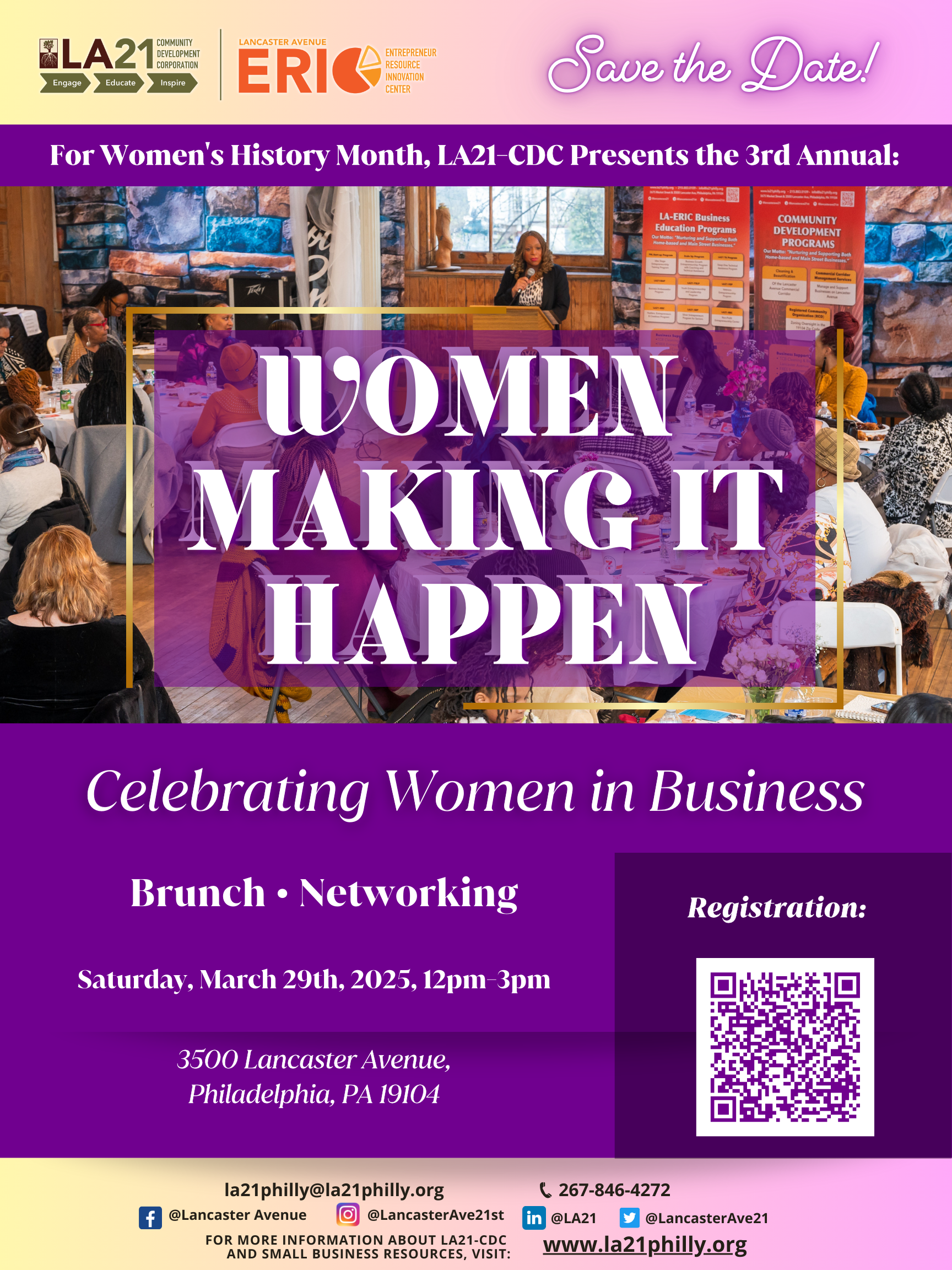 A graphic promoting the 'Women Making It Happen' event. The top half features an image of women in a room, attentively watching a keynote speaker. The bottom half has a purple background with text detailing the event.