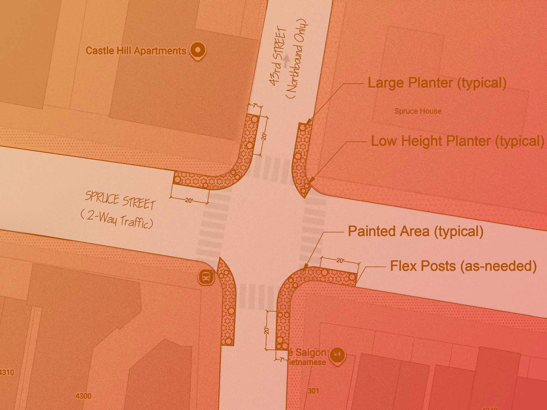 A graphic plan for improving a neighborhood intersection.