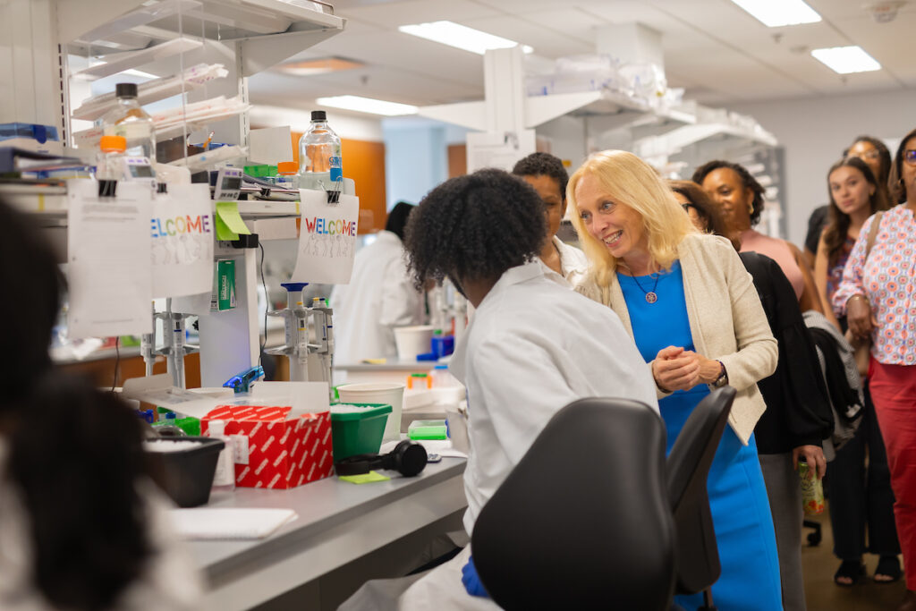 Congresswoman Mary Gay Scanlon visits members of the Biomedical Technician Training Program at The Wistar Institute.