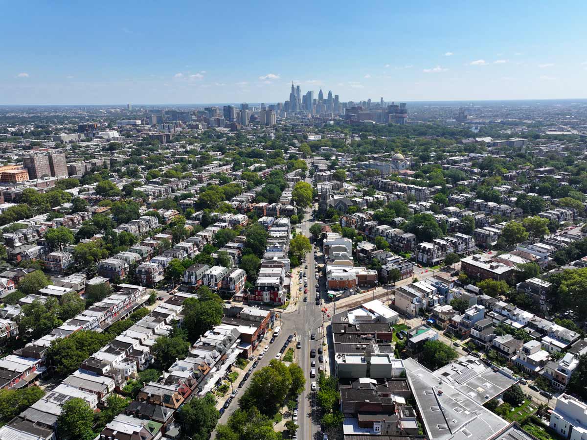 Aerial photo of Baltimore Avenue and West Philadelphia.