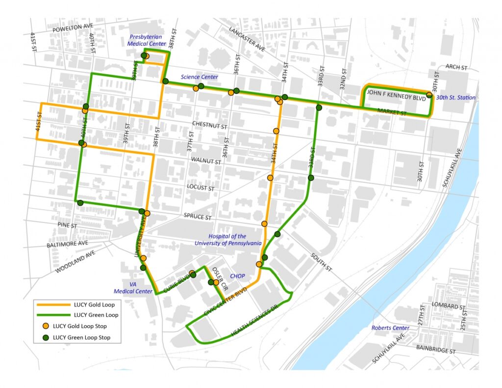 A graphic of a map that outlines LUCY bus routes