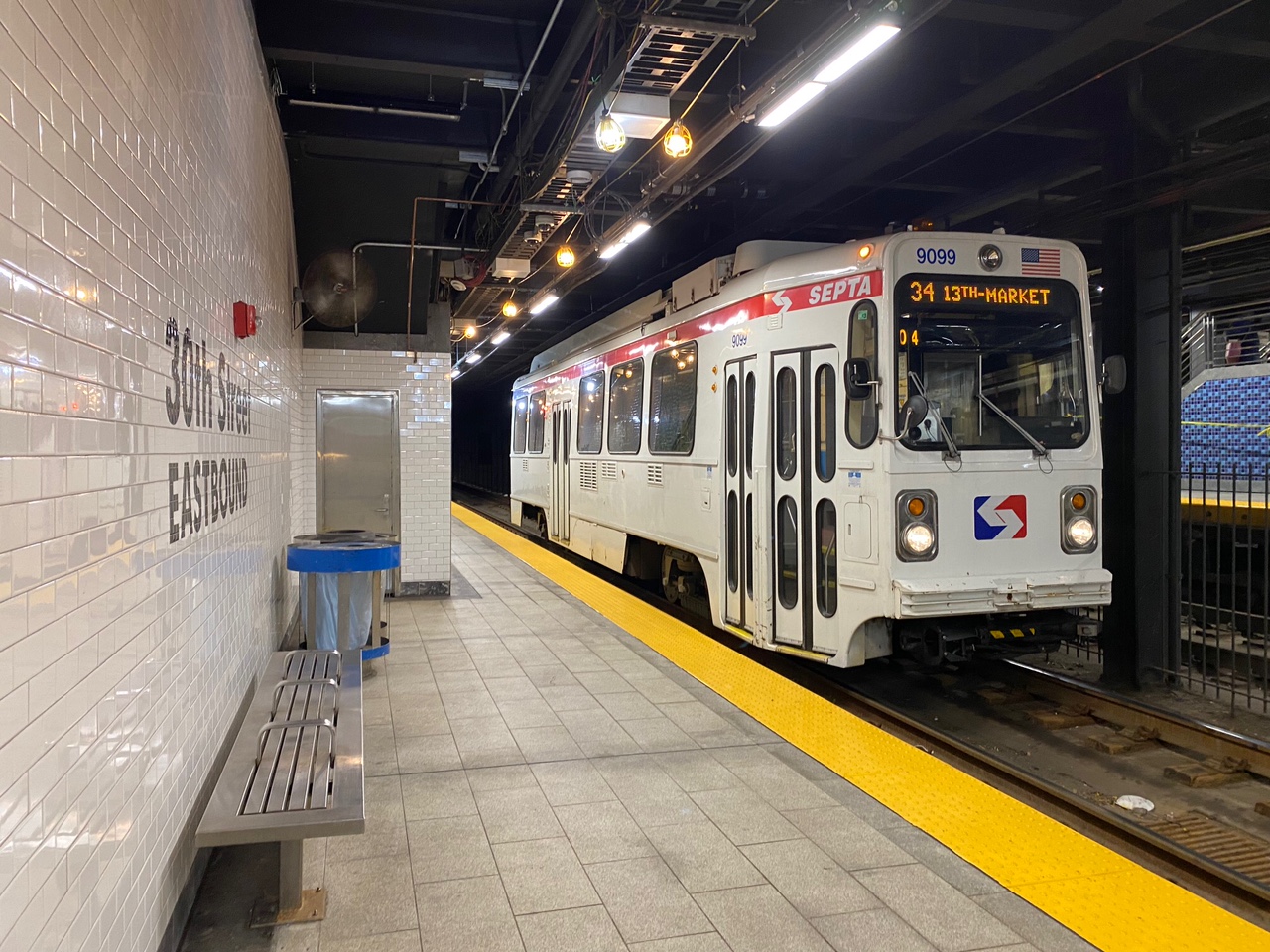 A SEPTA trolley pulls into the underground trolley station at 30th st station