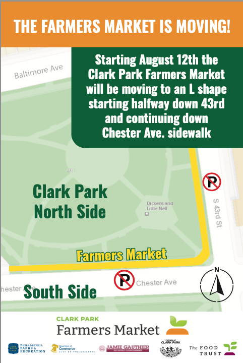 Graphic announcing the relocation of the Clark Park Farmers Market