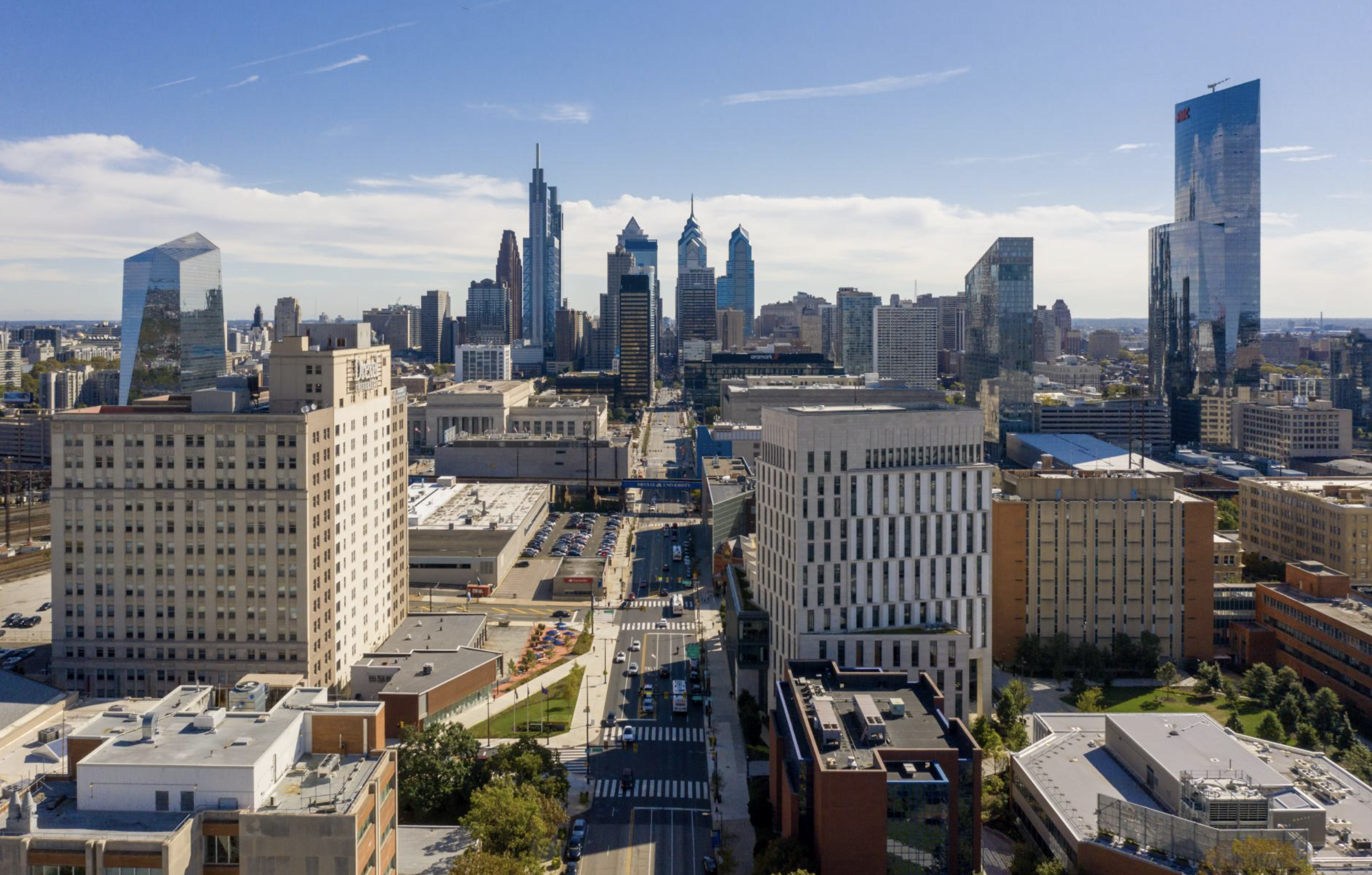 Aerial view of University City's skyline