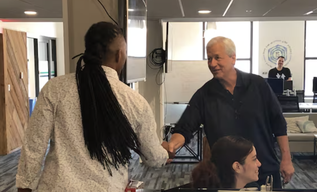 JPMorgan CEO Jamie Dimon meets trainers and students at Zip Code Wilmington, a coding school where the bank recruits for its expanding operations in the metro Philadelphia are