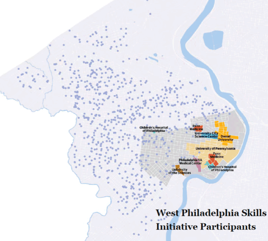 A map graphic showing dots representing Skills Initiative graduates and where they live in the city.