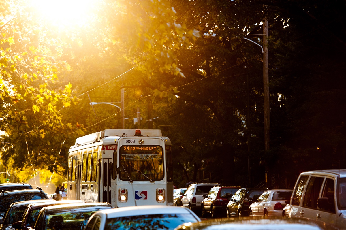 A SEPTA trolley passes through Clark Park in West Philadelphia