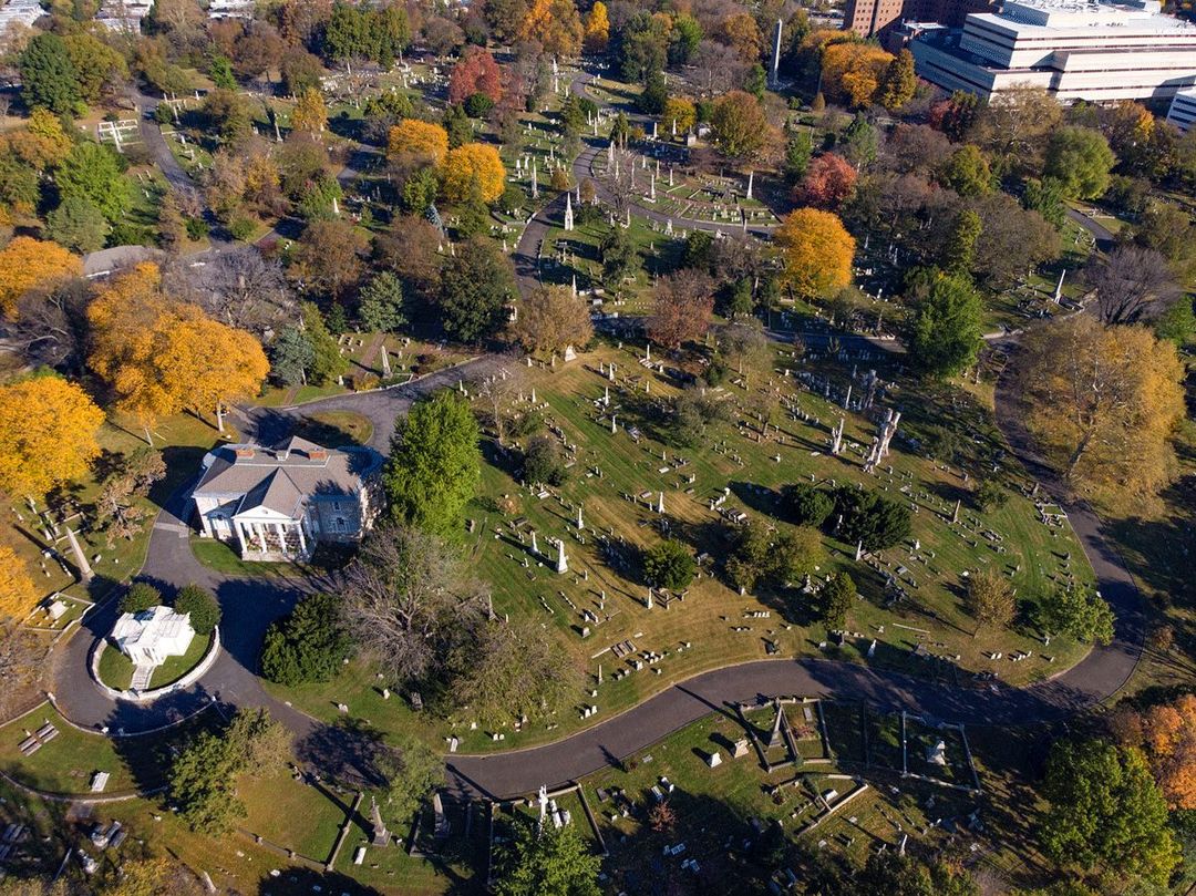 An aerial view of the Woodlands tree covered grounds