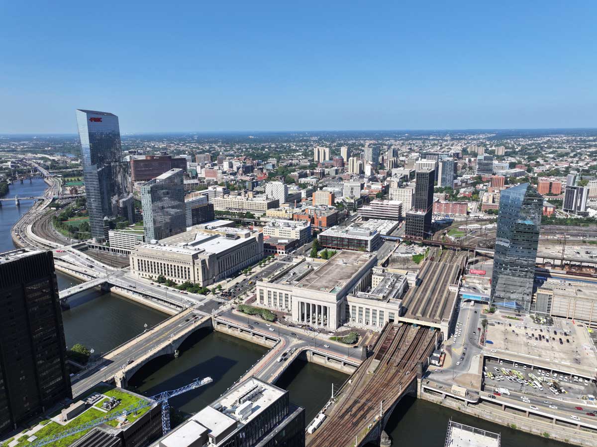 Aerial Photo of University City's Skyline featuring 30th Street Station and other prominent buildings.