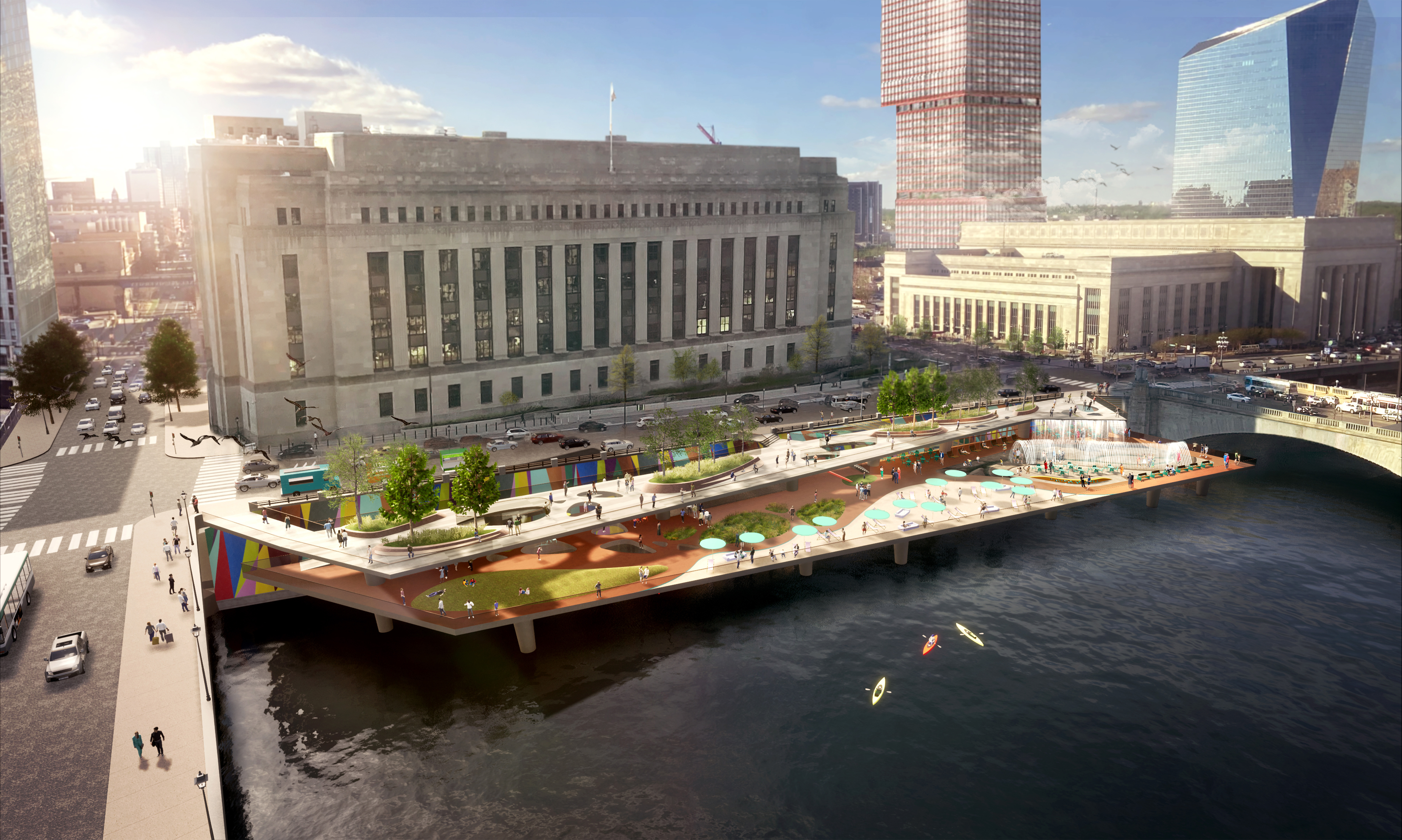 A rendering showing a second concept for the West Philly Waterfront with fountains and splash play features