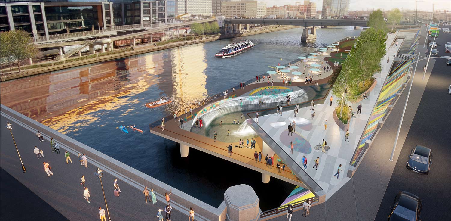 West Philly Waterfront rendering of a new park built over the Schuylkill River.