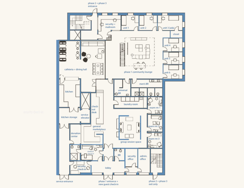 A blueprint of a homeless outreach facility designed by Caitlyn Shauger while studying interior design at Thomas Jefferson University