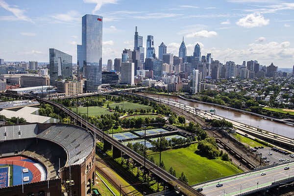 A view of the Philadelphia skyline from Penn Park