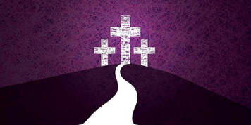 Graphic of three white crosses on a hill